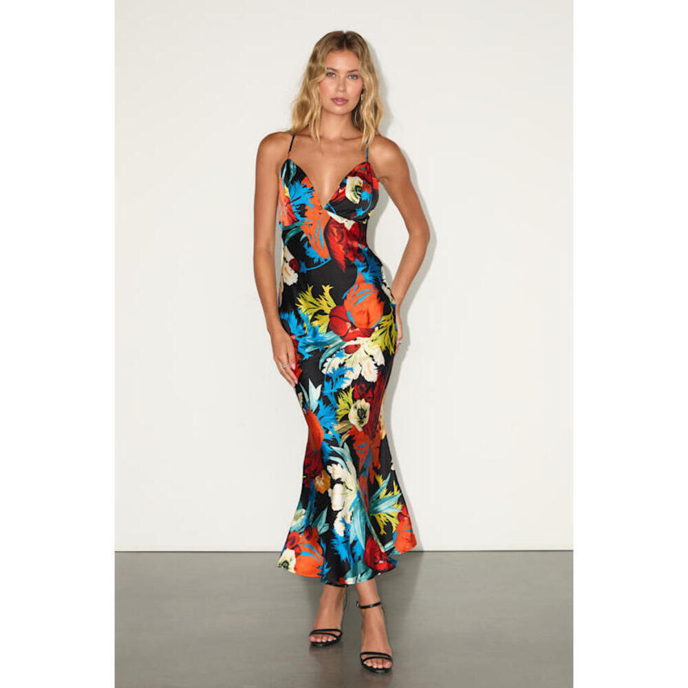 Lulus Sahalia Black Floral Satin Backless Midi Dress - Size XS